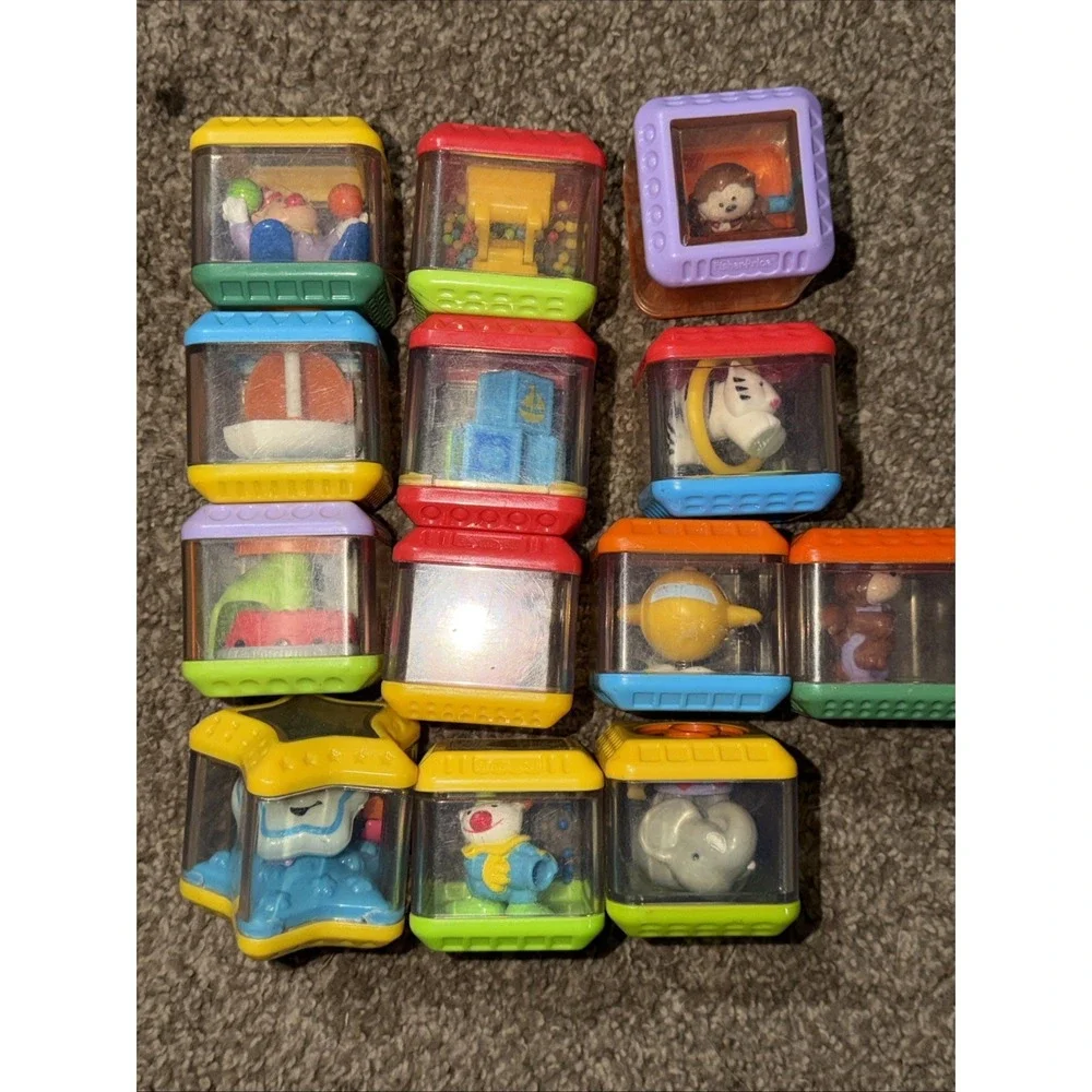Fisher Price Peek A Boo Blocks Lot 13 Sensory Animals Food Circus Activity Cubes